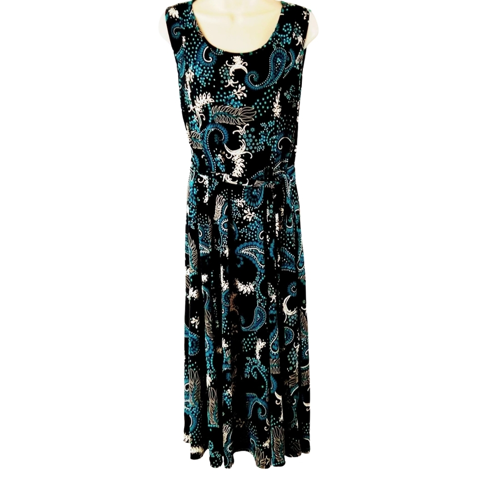 Nina Leonard Black and Blue Paisley Maxi Dress